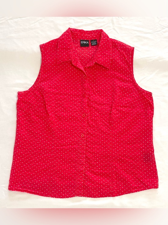Erika Tops - Retro Polkadot Button-Up Sleeveless Top by ERIKA Women’s Large Red White Collar